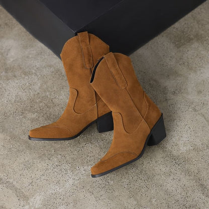 Heel Block Calf Toe Square Boots Mid Suede Faux Panel