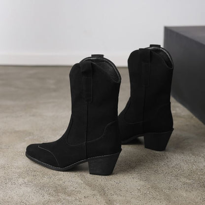 Heel Block Calf Toe Square Boots Mid Suede Faux Panel