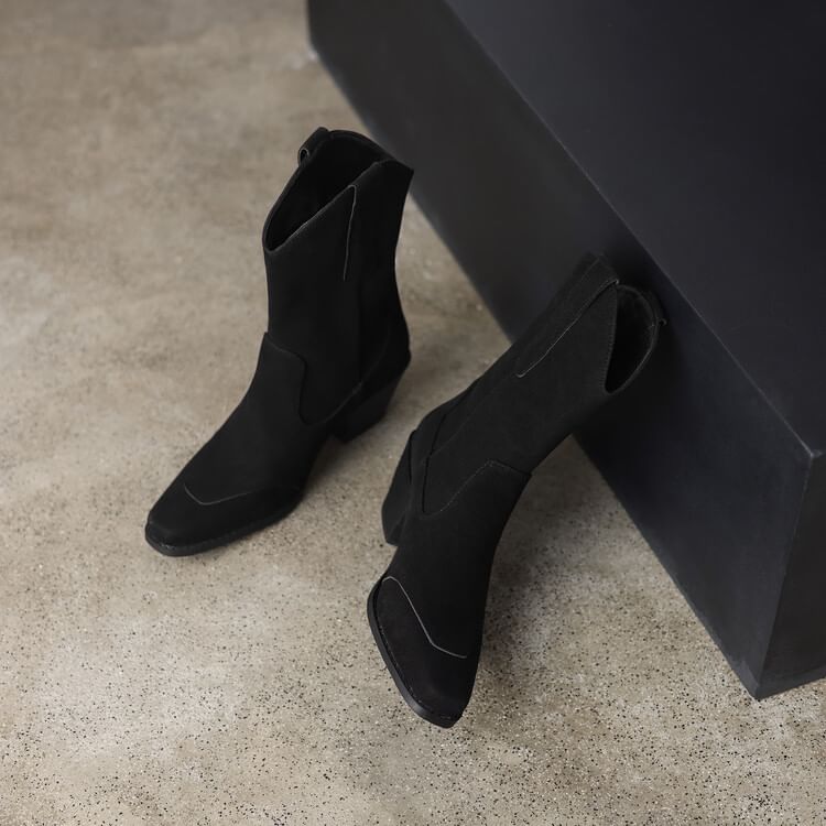 Heel Block Calf Toe Square Boots Mid Suede Faux Panel
