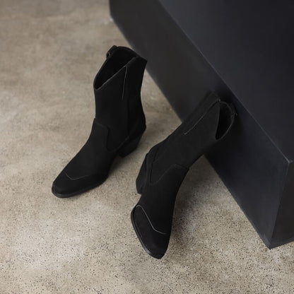 Heel Block Calf Toe Square Boots Mid Suede Faux Panel