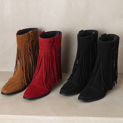 Block Toe Suede Boots Faux Heel Calf Fringe Square Mid
