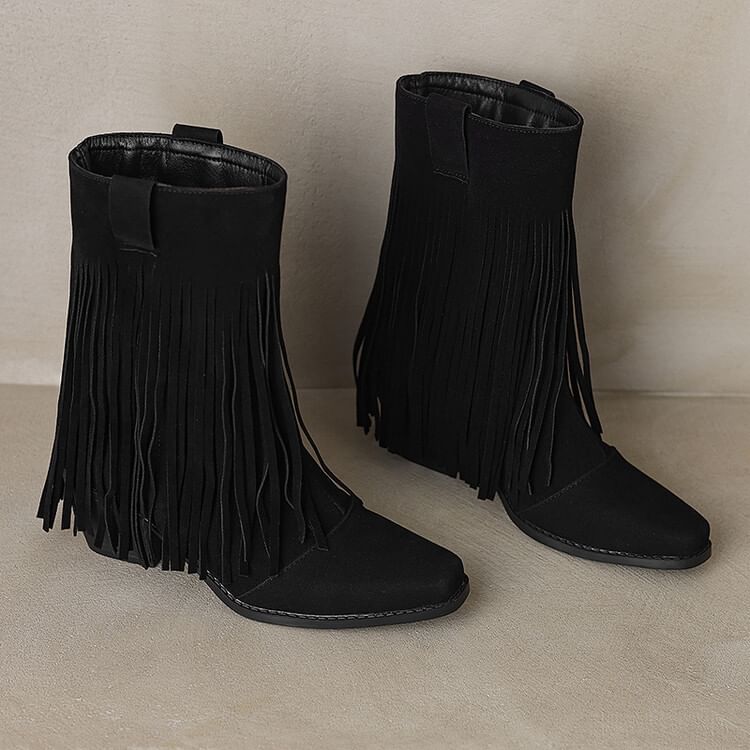 Block Toe Suede Boots Faux Heel Calf Fringe Square Mid