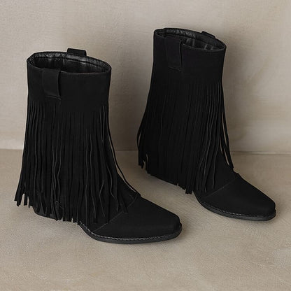 Block Toe Suede Boots Faux Heel Calf Fringe Square Mid