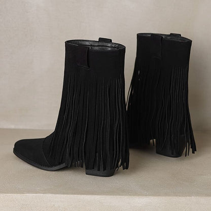 Block Toe Suede Boots Faux Heel Calf Fringe Square Mid