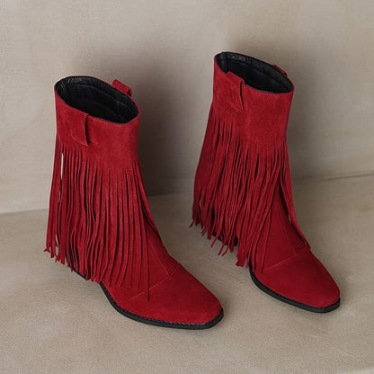 Block Toe Suede Boots Faux Heel Calf Fringe Square Mid