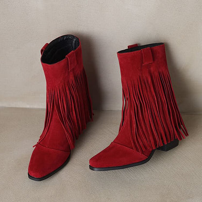 Block Toe Suede Boots Faux Heel Calf Fringe Square Mid