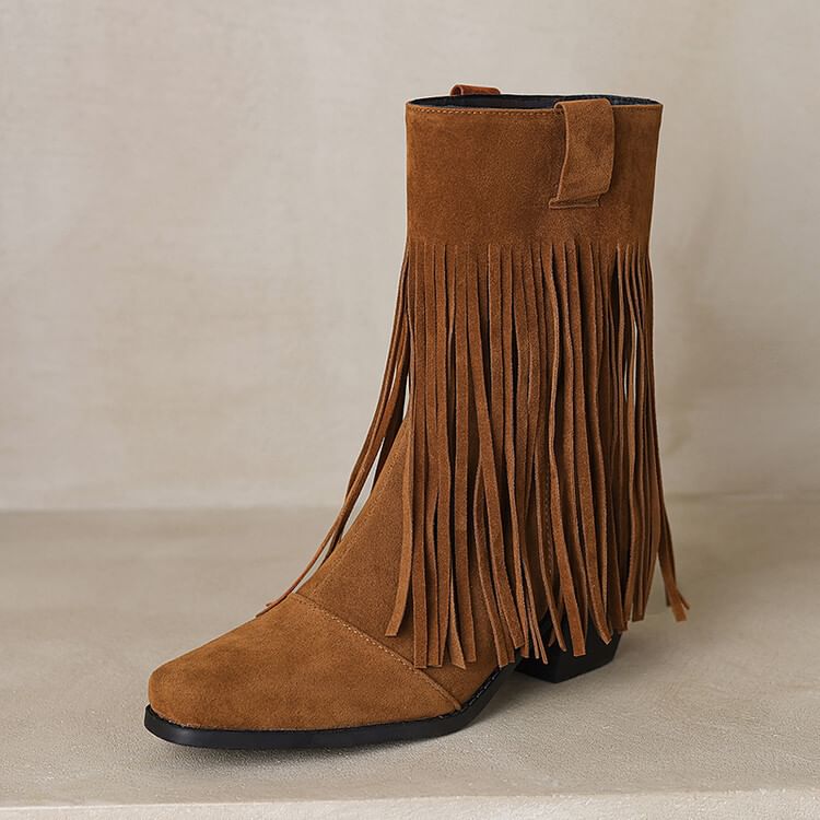 Block Toe Suede Boots Faux Heel Calf Fringe Square Mid