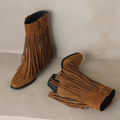 Block Toe Suede Boots Faux Heel Calf Fringe Square Mid