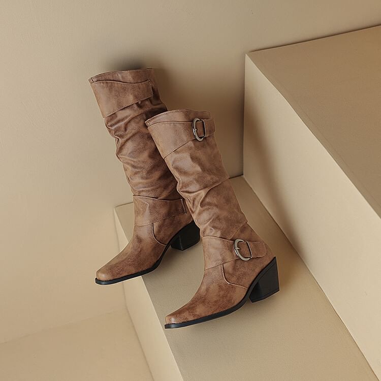 Buckled Boots Toe Knee Block Square High Heel