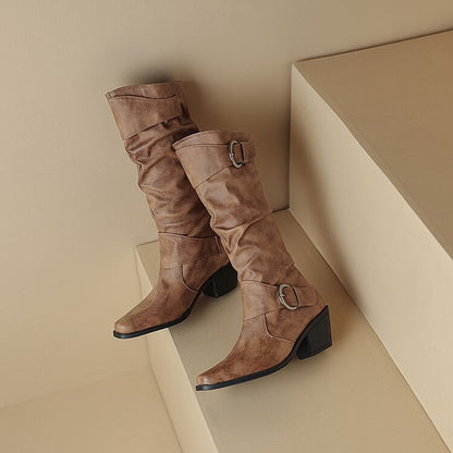 Buckled Boots Toe Knee Block Square High Heel