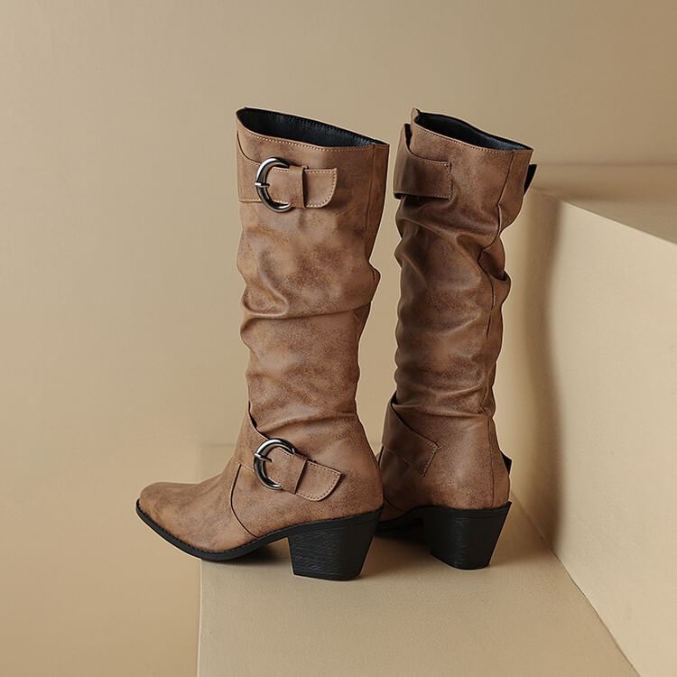 Buckled Boots Toe Knee Block Square High Heel