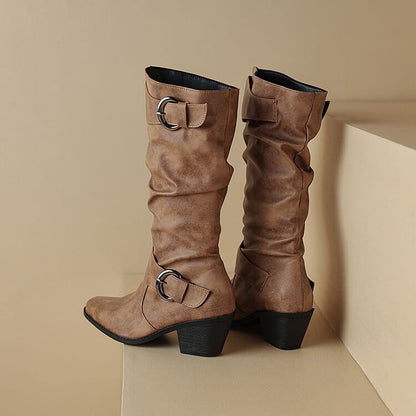 Buckled Boots Toe Knee Block Square High Heel