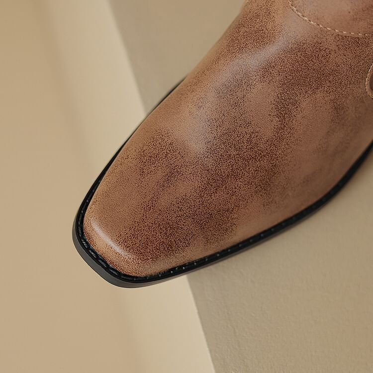 Buckled Boots Toe Knee Block Square High Heel