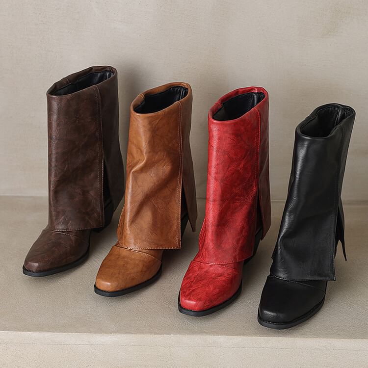 Heel Mid Calf Panel Boots Block Toe Square