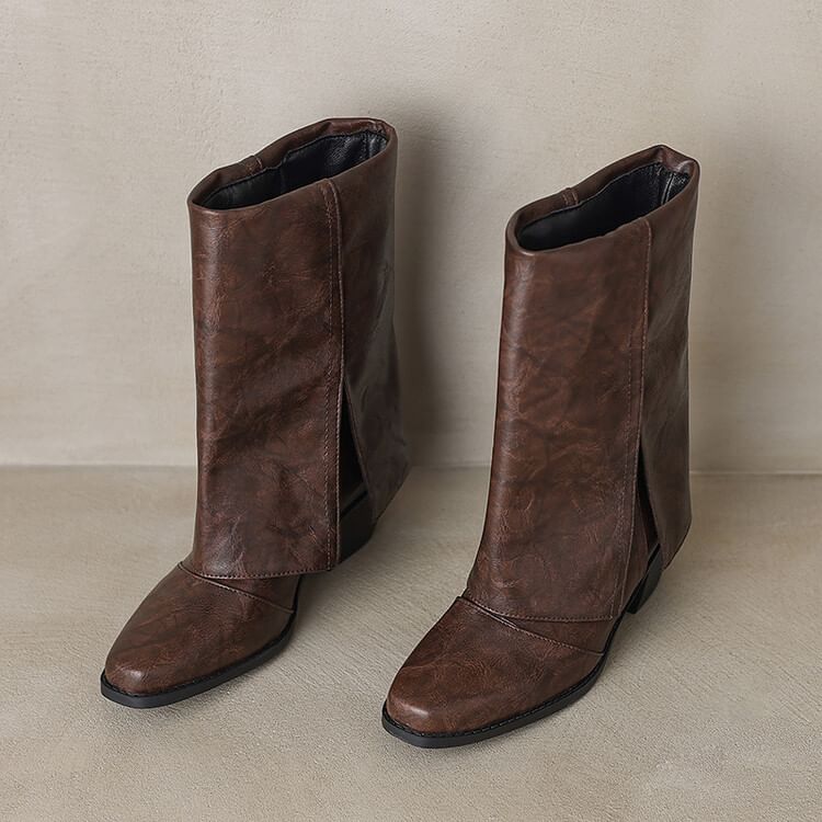 Heel Mid Calf Panel Boots Block Toe Square