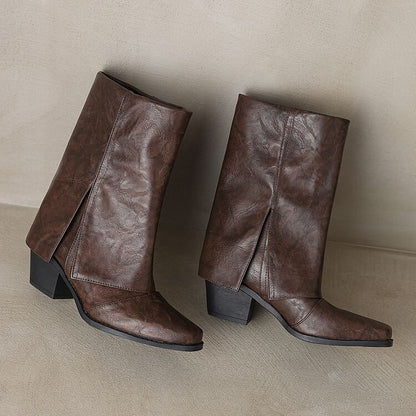 Heel Mid Calf Panel Boots Block Toe Square