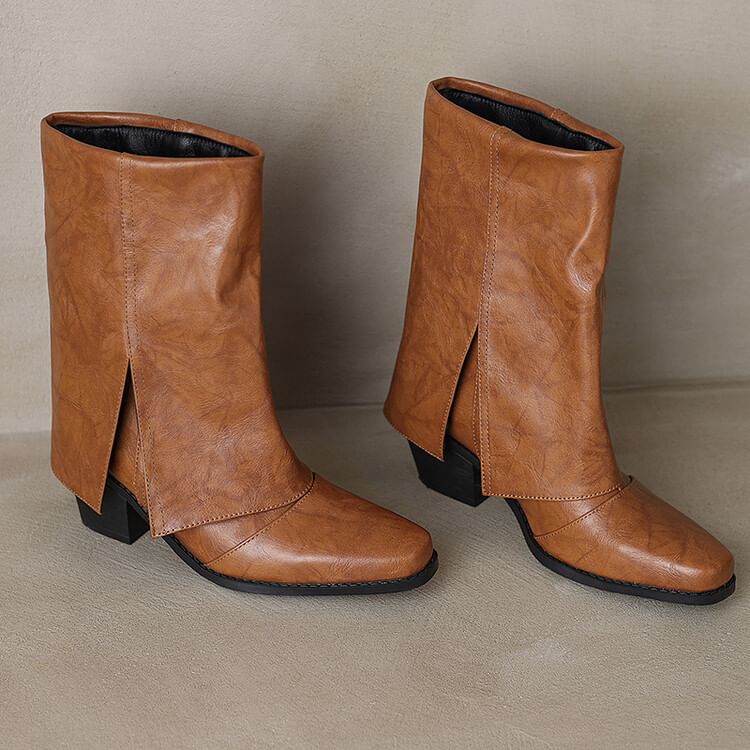 Heel Mid Calf Panel Boots Block Toe Square