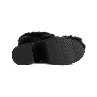 Fluffy Mid Platform Heel Calf Pom Boots Block Panel