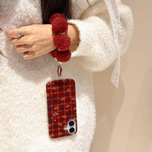 Heart Plaid Phone Case / Pom Pom Strap / Set