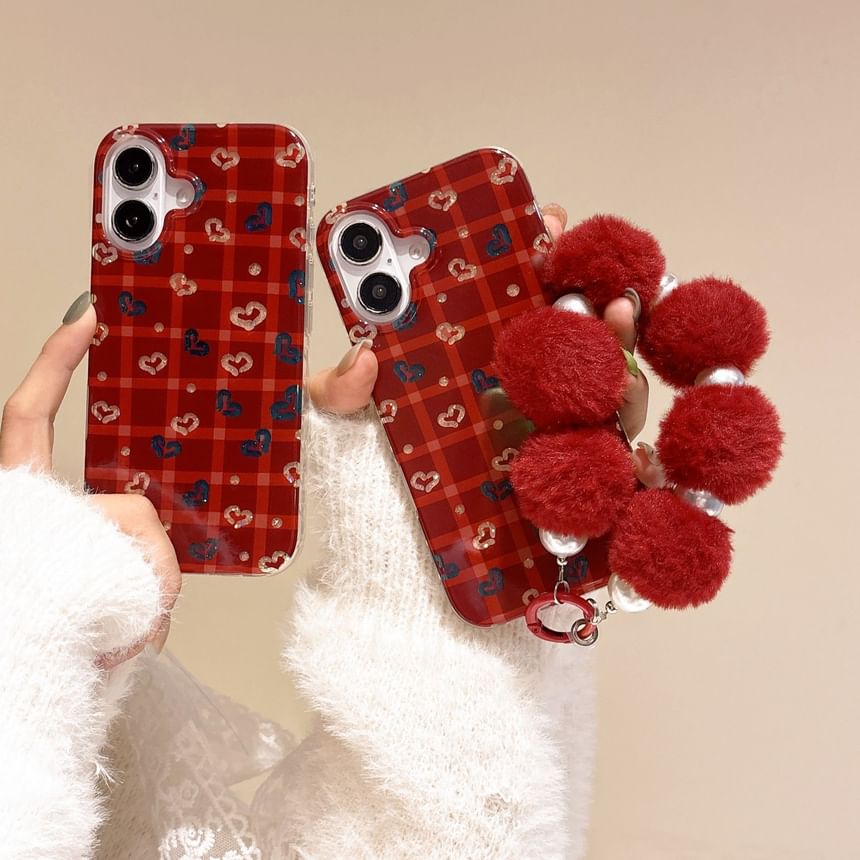 Set Strap Phone Plaid Heart Pom Case /