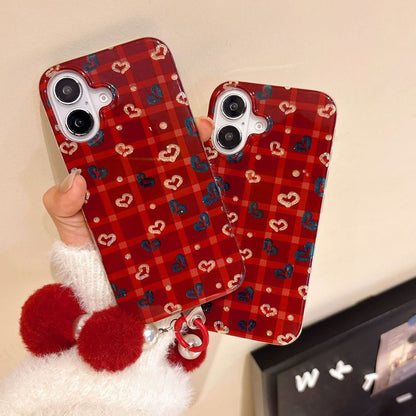 Heart Plaid Phone Case / Pom Pom Strap / Set