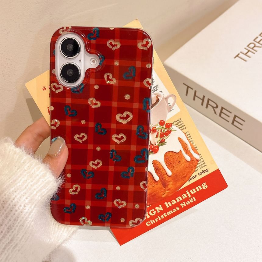 Set Strap Phone Plaid Heart Pom Case /