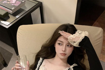 Long Crop Trim Sleeve Scoop Lace Top Neck Plain