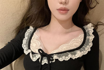 Long Crop Trim Sleeve Scoop Lace Top Neck Plain
