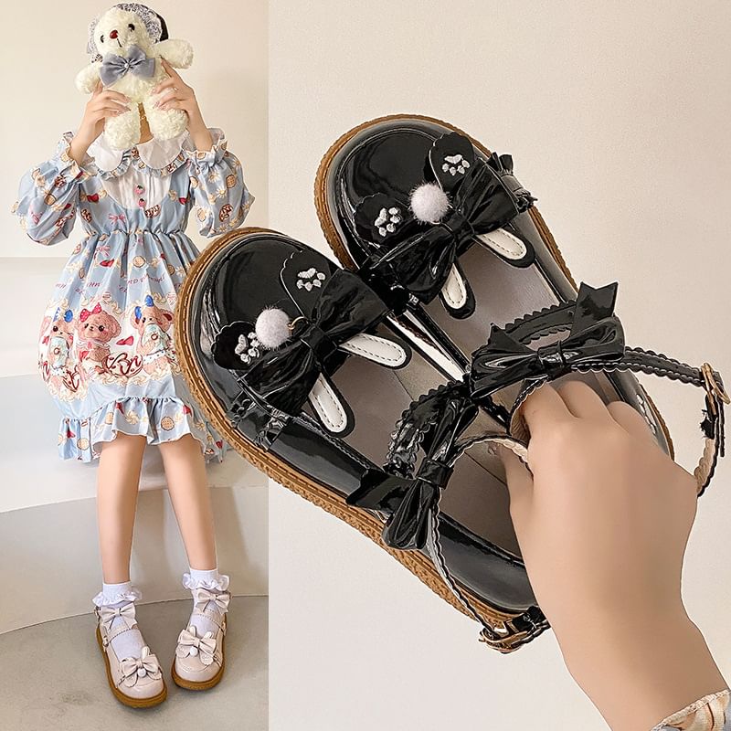 Platform Ankle Paw Shoes Bow Embroidered Jane Strap Mary