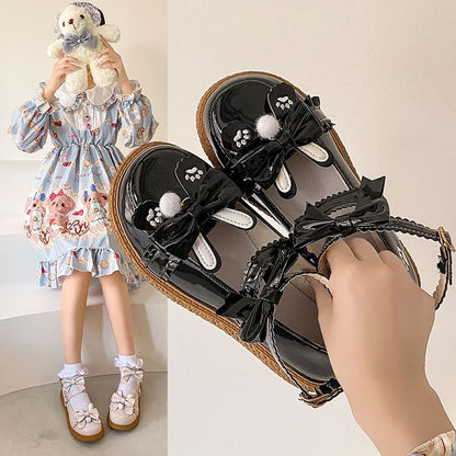 Platform Ankle Paw Shoes Bow Embroidered Jane Strap Mary