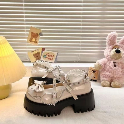 Chunky Bow Strap Jane Cross Mary Pumps Platform Studded Heel