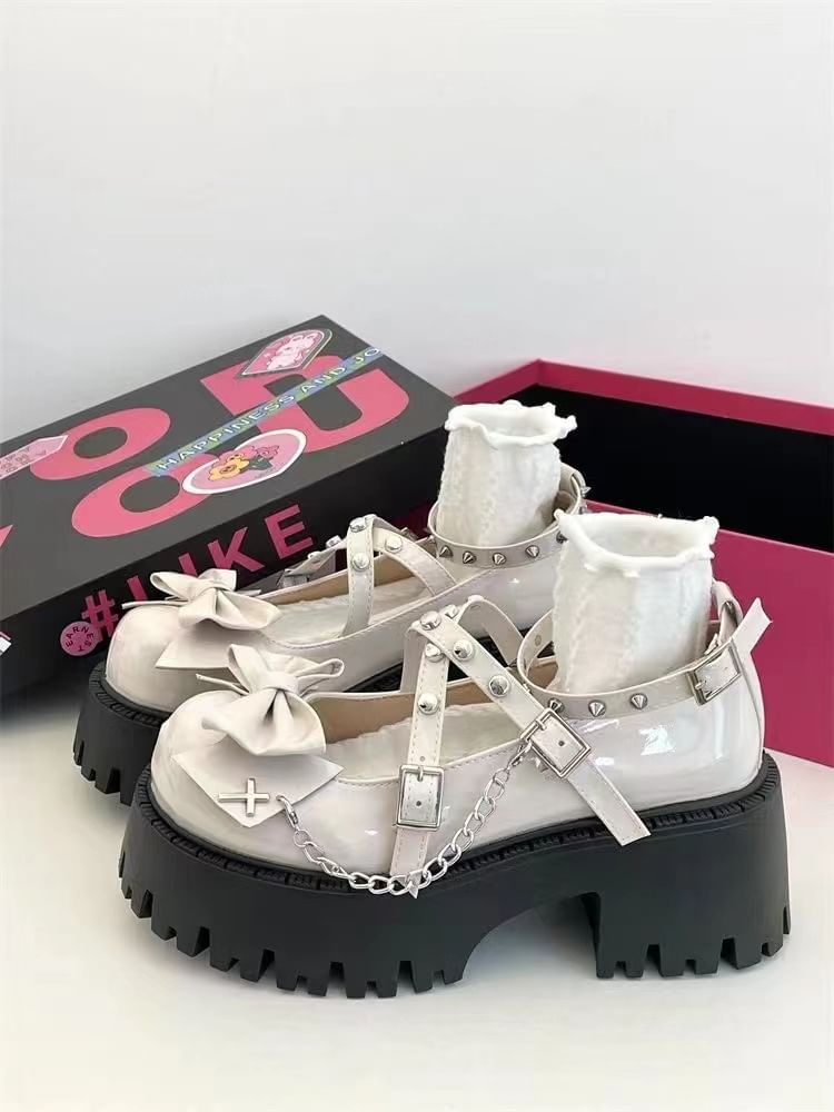 Chunky Bow Strap Jane Cross Mary Pumps Platform Studded Heel