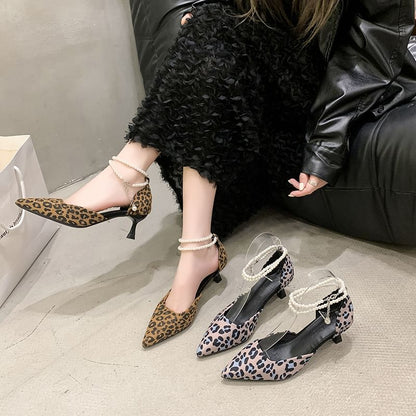 Ankle Sandals Strap Heel Pointed Leopard Print Kitten