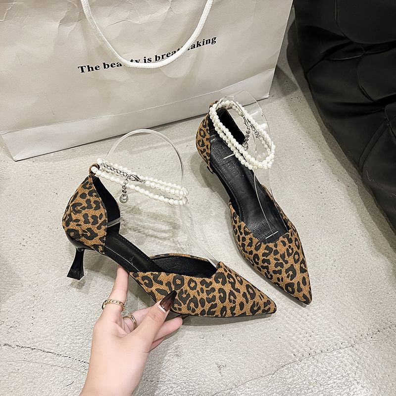 Ankle Sandals Strap Heel Pointed Leopard Print Kitten