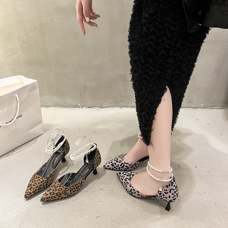 Ankle Sandals Strap Heel Pointed Leopard Print Kitten