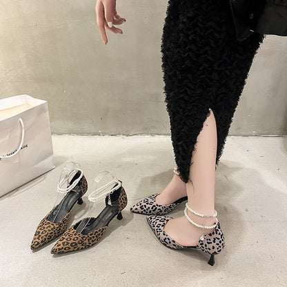 Ankle Sandals Strap Heel Pointed Leopard Print Kitten