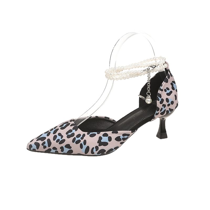 Ankle Sandals Strap Heel Pointed Leopard Print Kitten