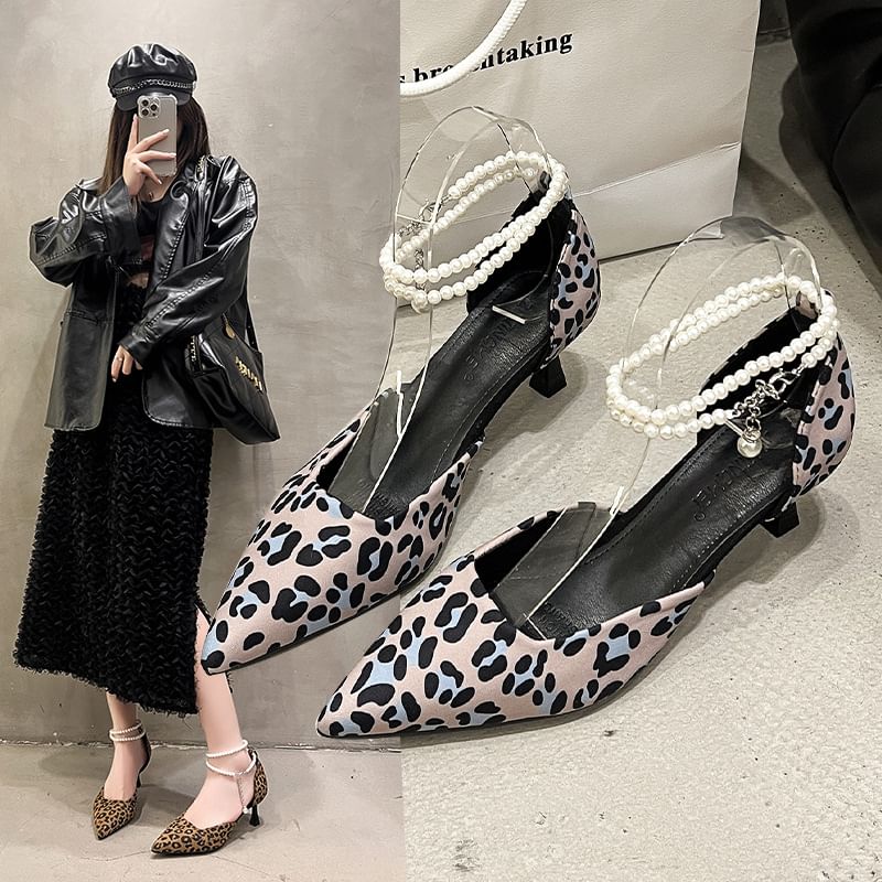 Ankle Sandals Strap Heel Pointed Leopard Print Kitten