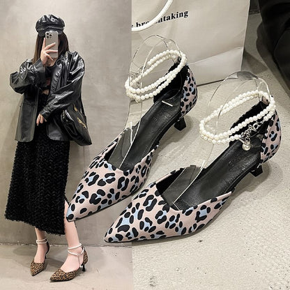 Ankle Sandals Strap Heel Pointed Leopard Print Kitten