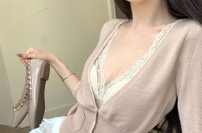 Crop Cami / Top V-Neck Mid Lace Rise Shorts Plain 3/4 Cardigan Sleeve