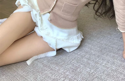 Crop Cami / Top V-Neck Mid Lace Rise Shorts Plain 3/4 Cardigan Sleeve