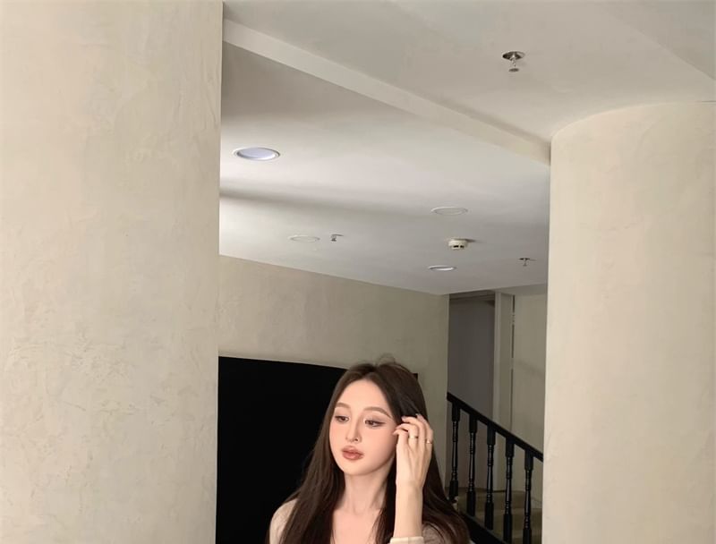 Crop Cami / Top V-Neck Mid Lace Rise Shorts Plain 3/4 Cardigan Sleeve