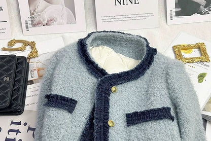 Panel Denim Round Button Boucle Jacket Neck
