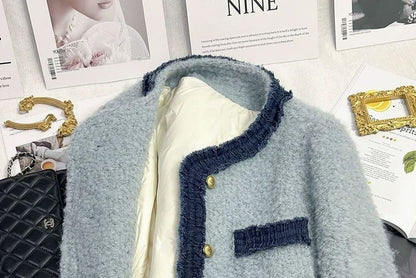 Panel Denim Round Button Boucle Jacket Neck