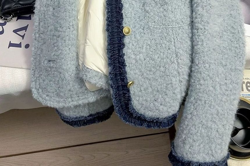 Panel Denim Round Button Boucle Jacket Neck