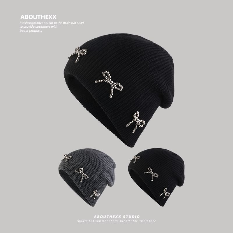 Studded Beanie Metallic Bow Knit