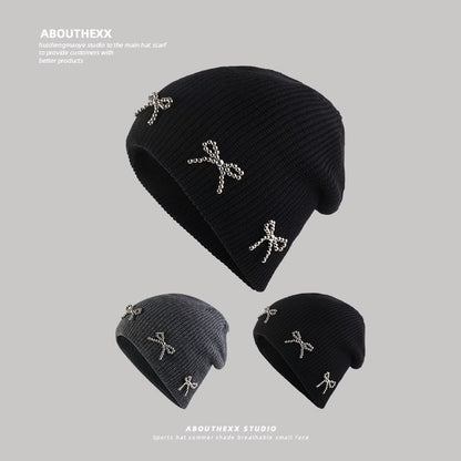 Studded Beanie Metallic Bow Knit