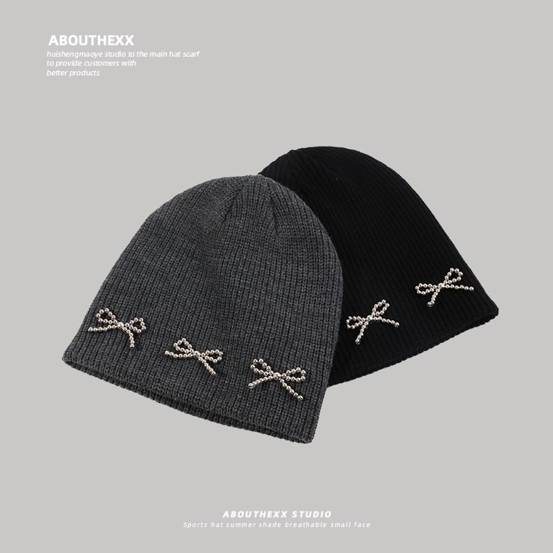 Studded Beanie Metallic Bow Knit