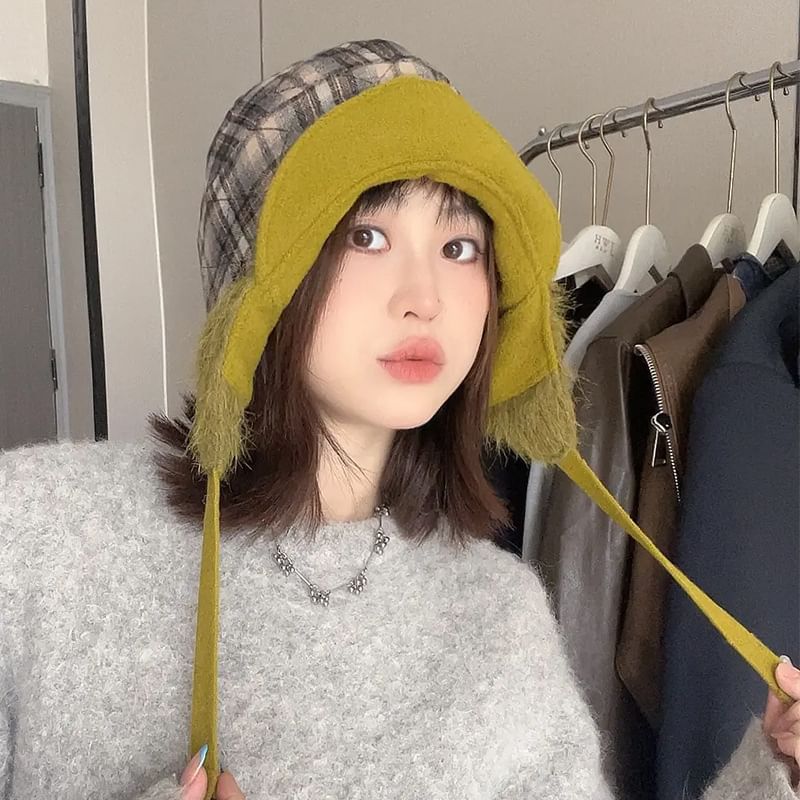 Trapper Hat Plaid Fur Faux