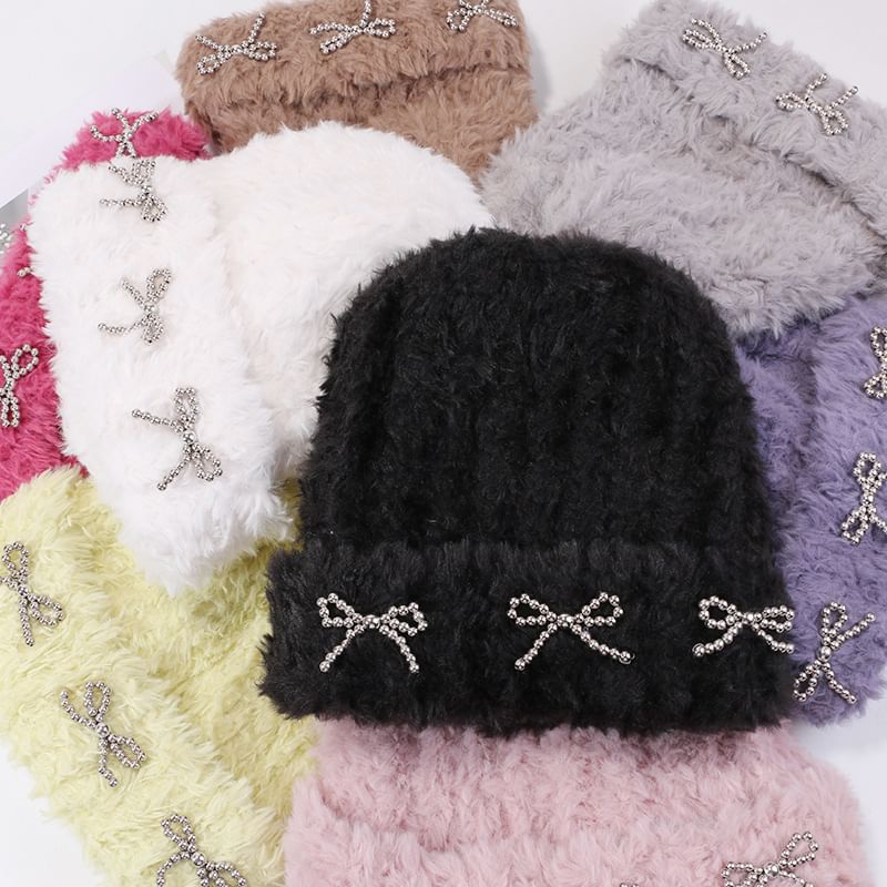 Bow Studded Metallic Beanie Chenille